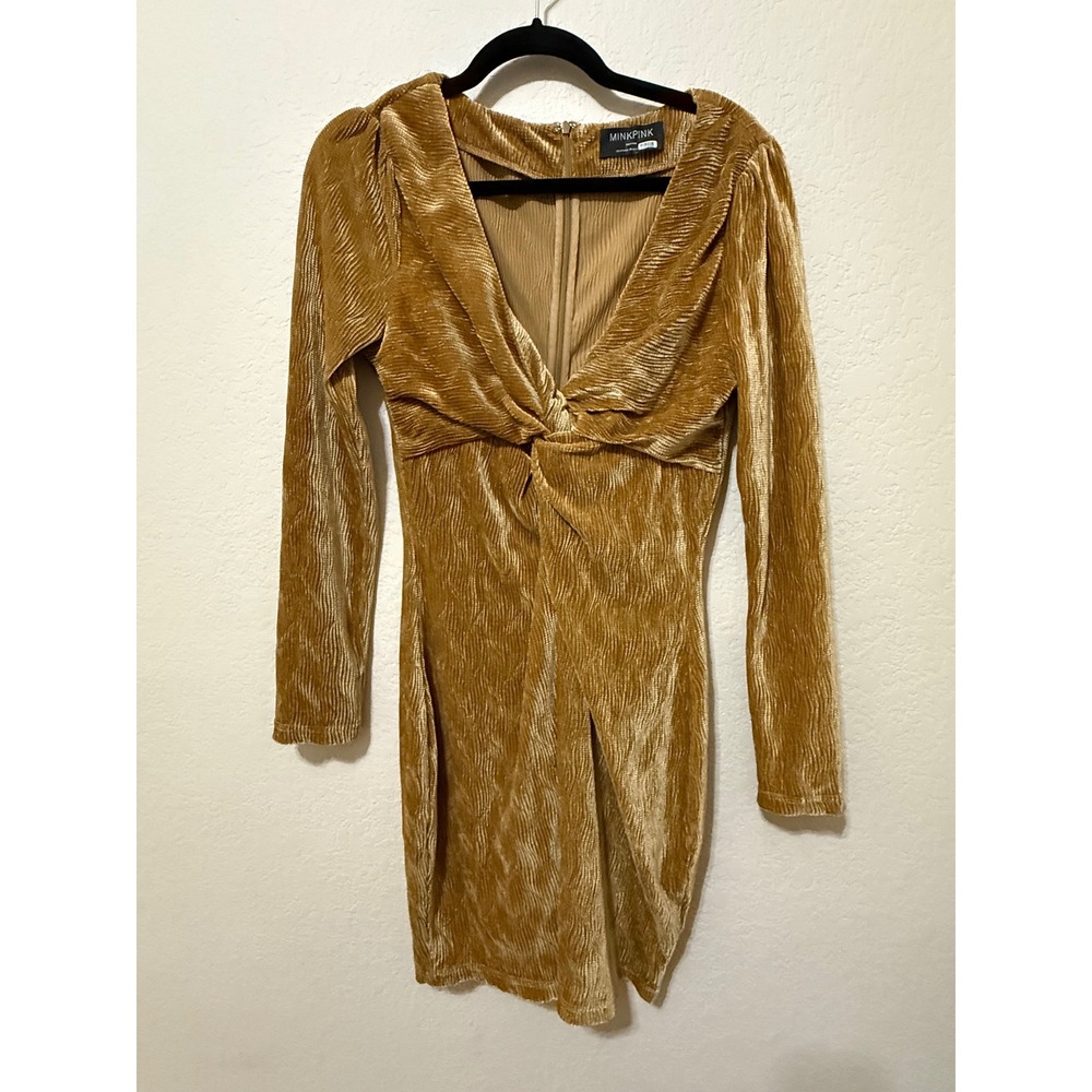 Mink Pink Gold Velvet Long Sleeve Twist Front Bodycon Mini Dress Medium